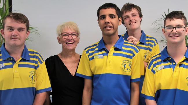 Bundaberg Special School 2023 leaders: Bailey McNab, Mannan Shoree, Caine Mudge and Jeffery Whan with their principal, Lee-Ann King.