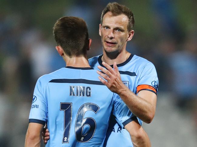 Alex Wilkinson and Joel King of Sydney celebrate at full time during the Round 13 A-League match between Sydney FC and Adelaide United at Netstrata Jubilee Stadium in Sydney, Tuesday, January 1, 2019. (AAP Image/Brendon Thorne) NO ARCHIVING, EDITORIAL USE ONLY