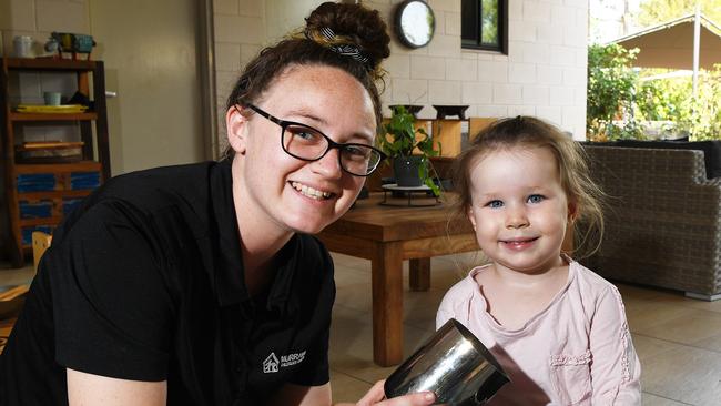 Child educator Emma Stunbeck from Murraya Childrens centre with 3 yr old Adalynn Smith/ Picture: Katrina Bridgeford.