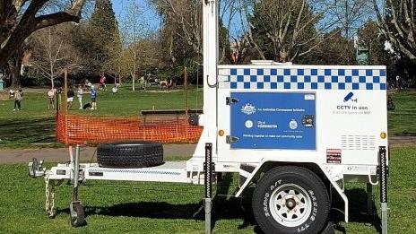 Stonnington's CCTV trailer was spotted by resident Denzil Griffiths in Prahran's Victoria Gardens on September 5. Picture: Supplied.