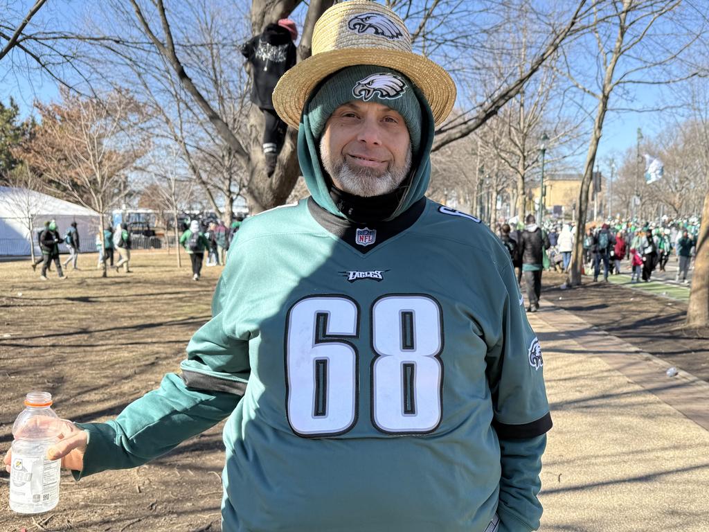 Eagles supporter Shaun Barden wore Mailata’s #68 jersey and described the Aussie champ in colourful language. Picture: Tom Minear