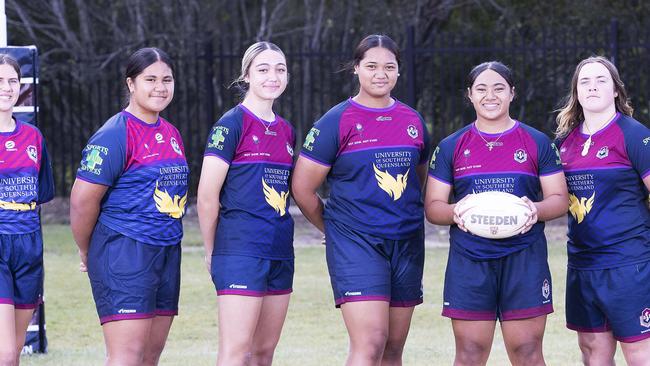 Trip down memory lane - Lishainah Ulugia, left, Ariana Henderson, second from left, Lina Tanielu, Shalom Sauaso,with the ball and Rilee Jorgenson as schoolgirls in 2021. (News Corp/Attila Csaszar)