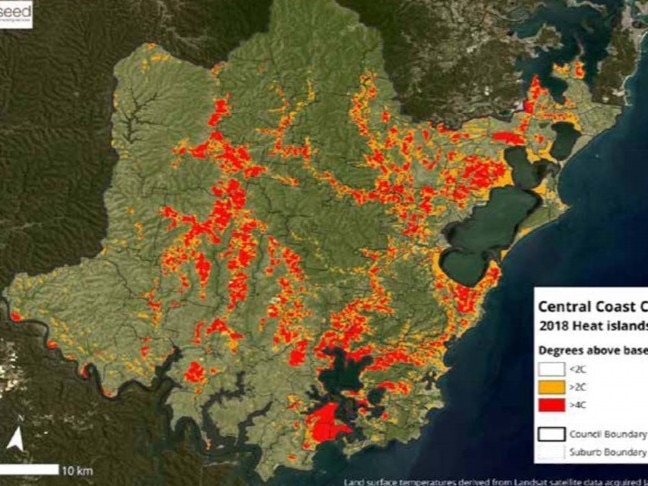 Areas of Central Coast where heat islands are more than 2 degrees C, and 4 degrees C, above the baseline temperatures on a hot January day in 2018