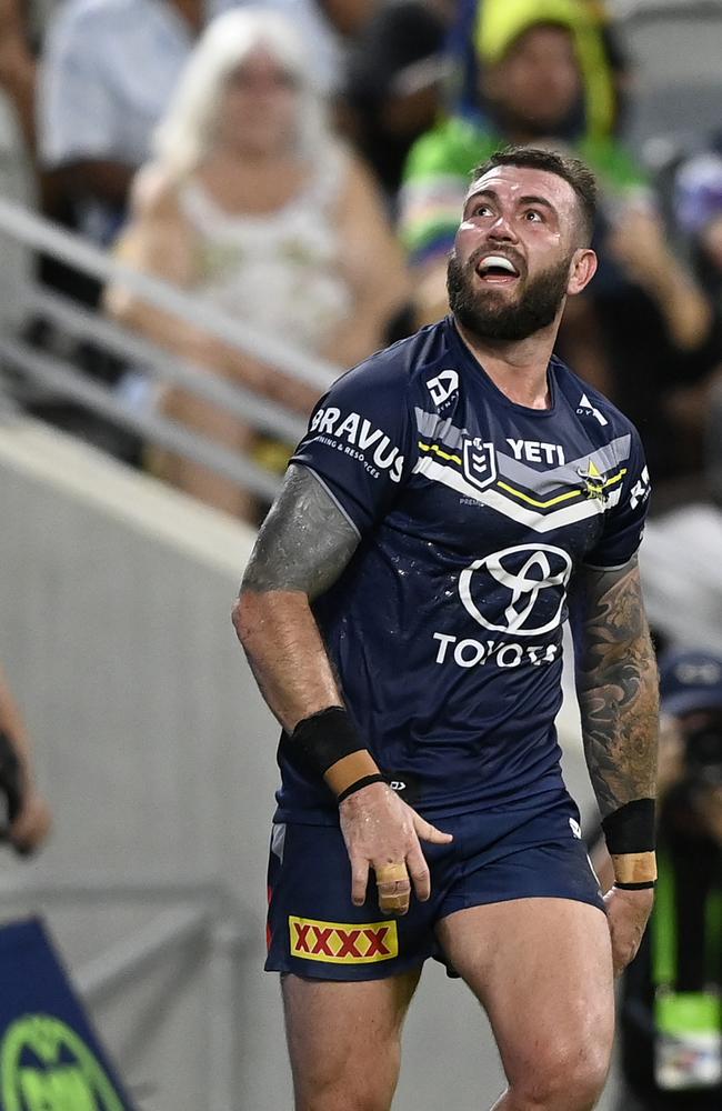 Kyle Feldt of the Cowboys celebrates after scoring a try during the round 24 NRL match between North Queensland Cowboys and Canberra Raiders at Qld Country Bank Stadium, on August 17, 2024, in Townsville, Australia. (Photo by Ian Hitchcock/Getty Images)