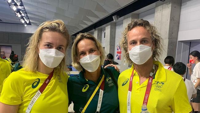 Susie O'Neill at Olympics with Ariarne Titmus and Dean Boxall Picture: Instagram.