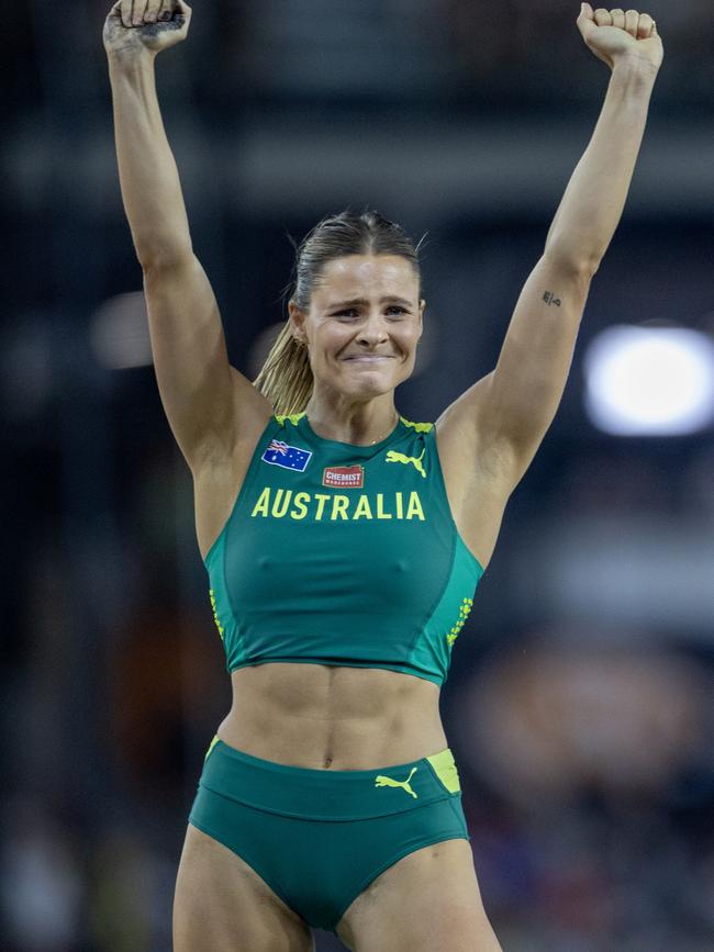 Nina Kennedy of Australia reacts as she goes clear at 4.90m during her joint gold medal performance in a dramatic Women's Pole Vault Final during the World Athletics Championships, at the National Athletics Centre on August 23rd, 2023 in Budapest, Hungary. Picture: Tim Clayton