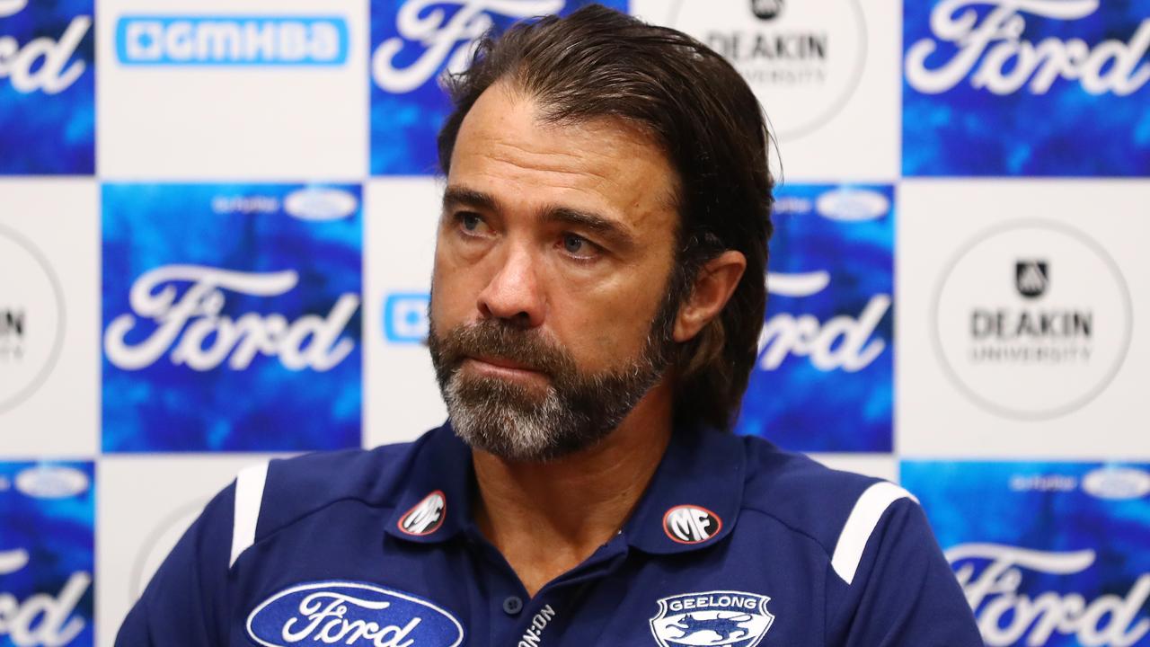 GEELONG, AUSTRALIA - APRIL 02: Chris Scott, senior coach of the Cats talks to the media during a Geelong Cats AFL training session at GMHBA Stadium on April 02, 2021 in Geelong, Australia. (Photo by Mike Owen/Getty Images)