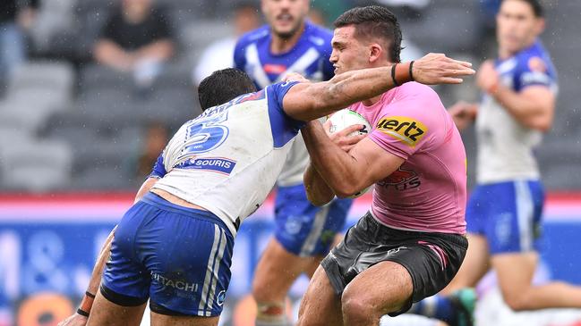 Nathan Cleary gets clobbered by a high tackle.