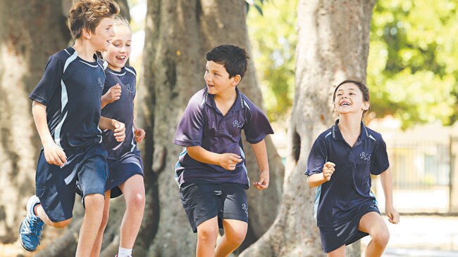 Luka, 8, India, 8, Roman, 8, and Isabella, 8, playing at Brighton-Le-Sands Public School today. A new study shows that kids learn their maths times tables better while being active in the playground rather than just sitting at their desks. (Pics Justin Lloyd)