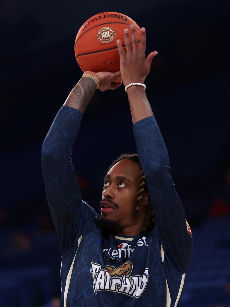 Tahjere McCall during warm-up ahead of the game against Perth, in which he logged an NBL-low eight minutes. (Photo by Paul Kane/Getty Images)