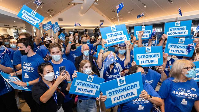 Liberal supporters gather to hear Prime Minister Scott Morrison speak in Perth. Picture: Jason Edwards