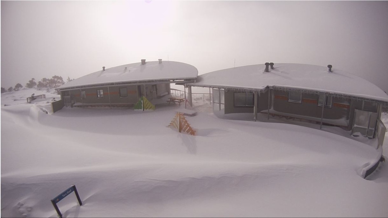 Snow at Mt Mawson public shelter this morning. Picture: Mt Mawson webcam