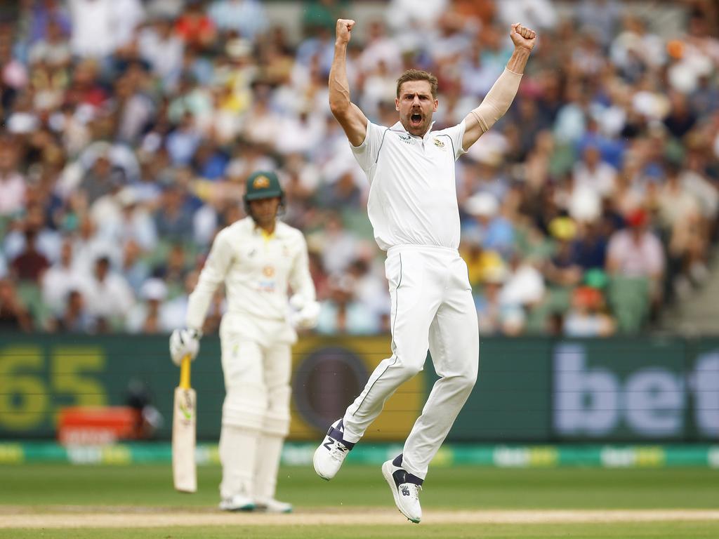 Anrich Nortje of South Africa celebrates dismissing David Warner. Picture: Daniel Pockett