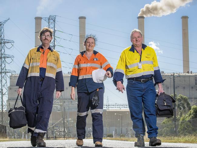 Peter Gair, 53, direct employee, Kristy Mooney, 41, Contractor, and Roger Commerford, 62, Contractor, will work their last days this week, leaving the Hazelwood power station behind them. Picture: Jason Edwards.