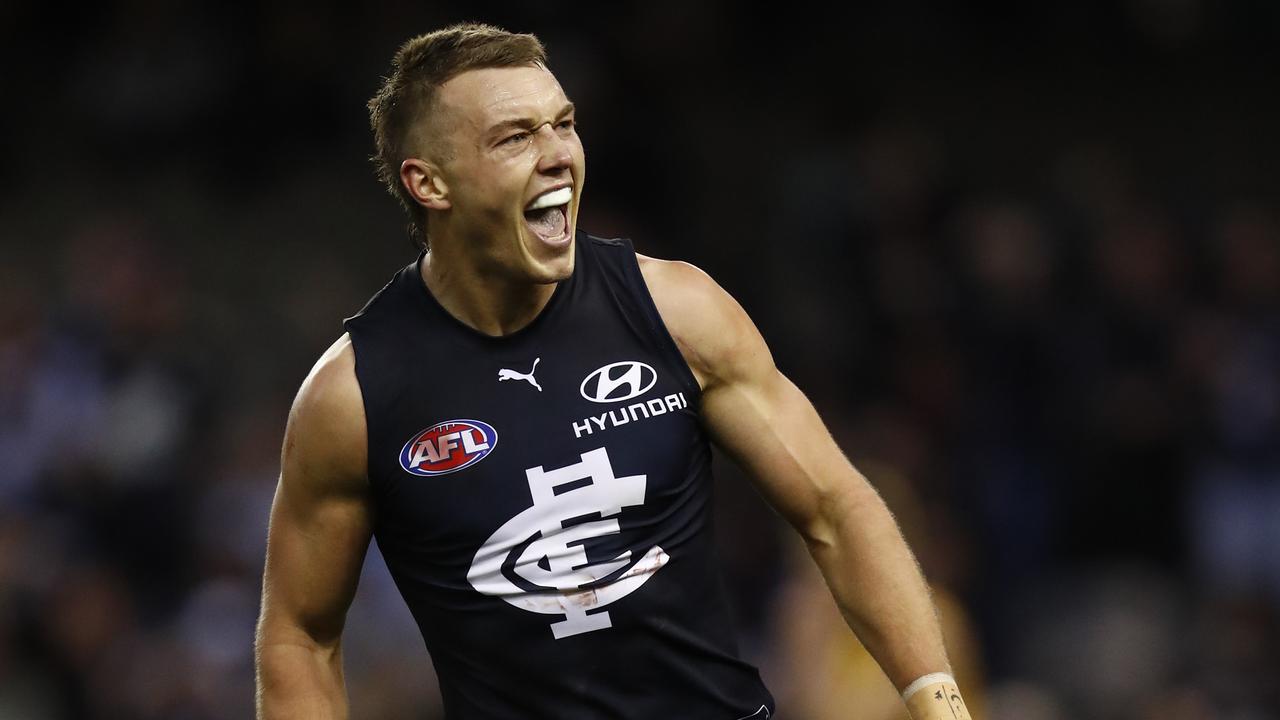 Patrick Cripps celebrates a goal in the Blues’ win over Adelaide. Picture: Getty