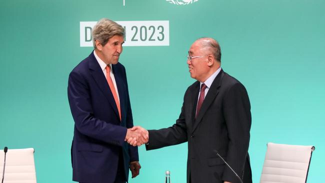 John Kerry, U.S. Special Presidential Envoy for Climate, and Chinese counterpart Xie Zhenhua at the UNFCCC COP28 Climate Conference. Picture: Fadel Dawod/Getty Images