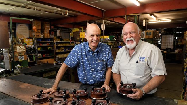 Glenn and Bruce Alvey at the Alvey Reels factory in Carole Park in Queensland.