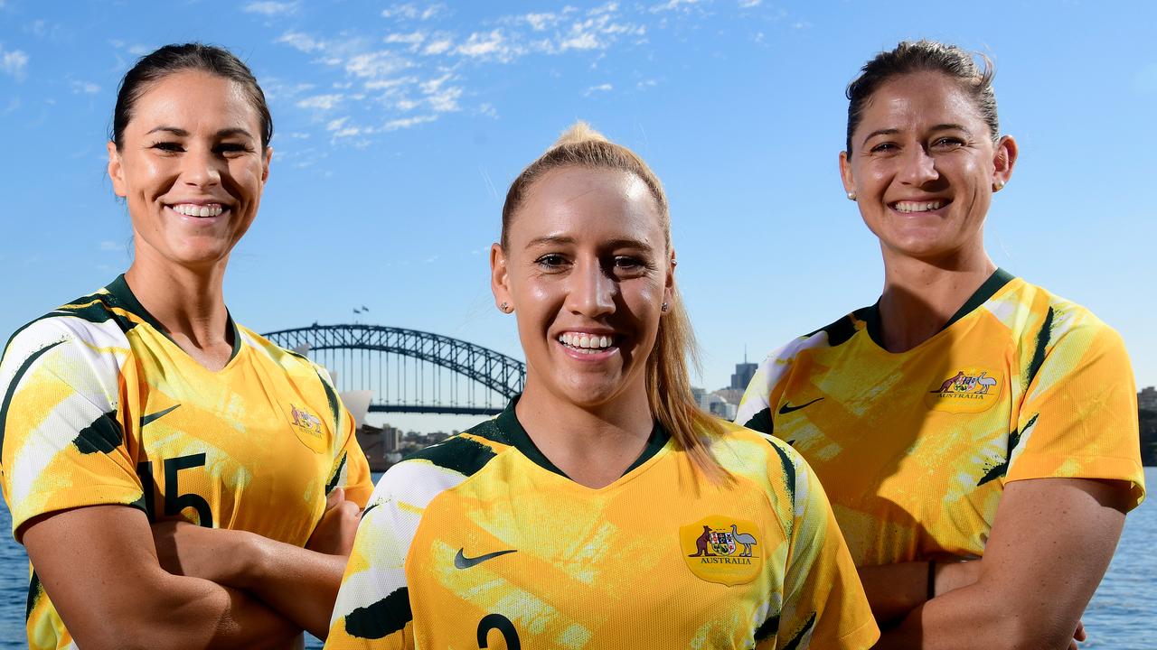 Matildas players Emily Gielnick (from left), Gemma Simon and Laura Alleyway will be free to watch on Optus Sport for schoolchildren. Picture: AAP