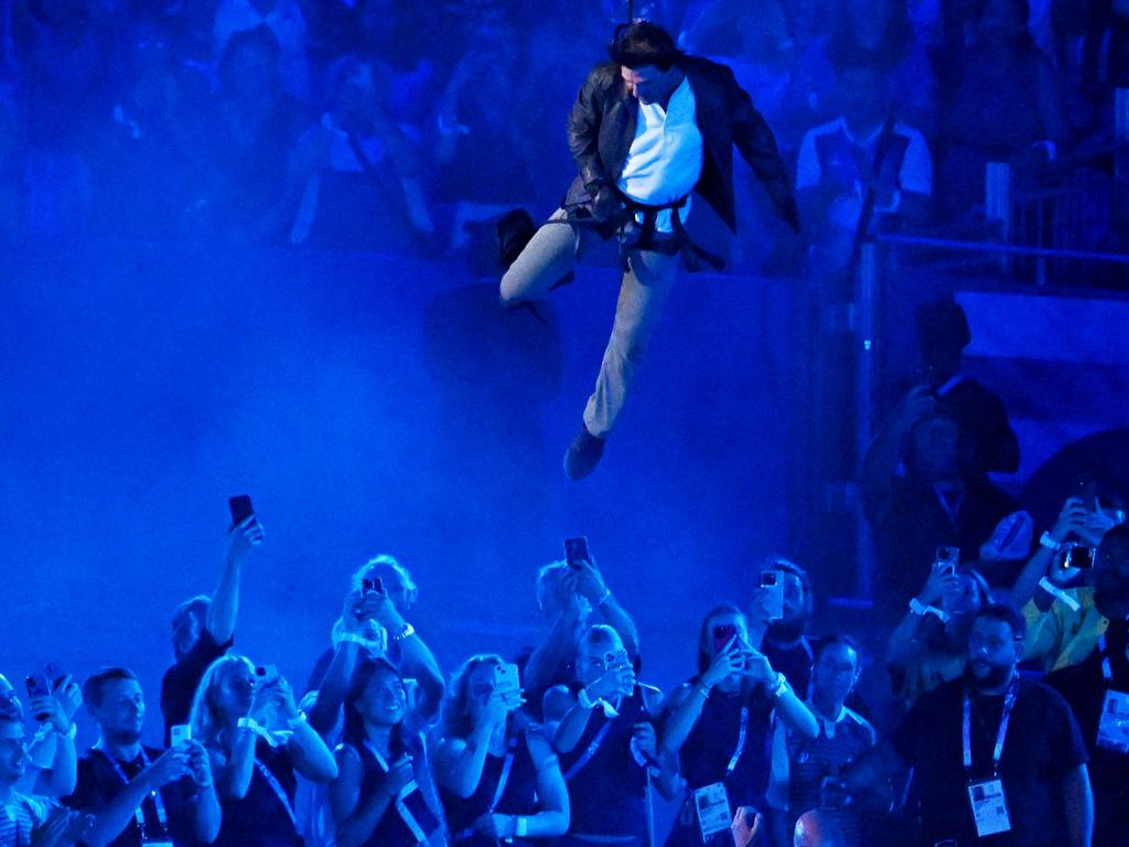 Actor Tom Cruise leapt from the roof of the Stade de France during the closing ceremony of the Olympic Games on August 11 in Paris. Picture: Andy Chua-Pool/Getty Images