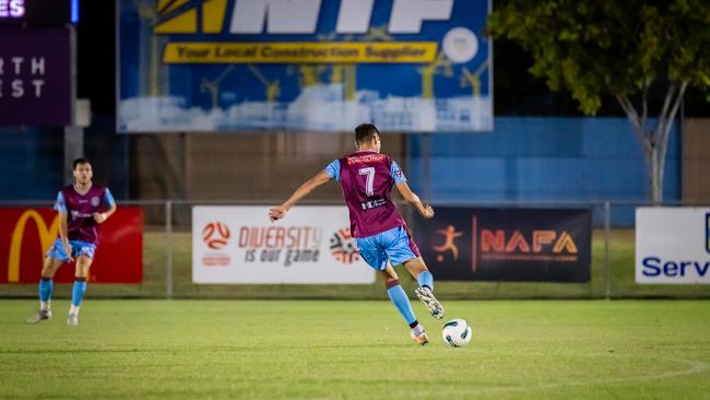 Matias Choque set up the winning goal for Port Darwin. Picture: Max Hatzoglou