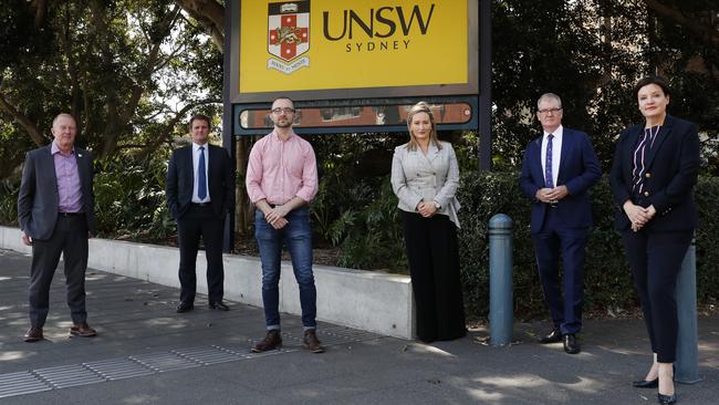 From left, Michael Thomson from the National Tertiary Education Union, Shadow Tertiary Education and Innovation spokesman Clayton Barr, University of Sydney European studies lecturer Dr Robert Boncardo, Coogee Mp Marjorie O'Neill, Maroubra MP Michael Daley and NSW Opposition Leader Jodi McKay at UNSW. Picture: Jonathan Ng