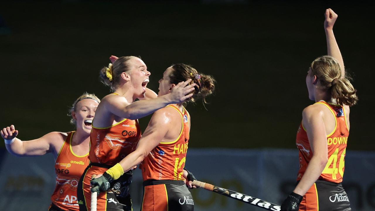 Toowoomba's Tatum Stewart celebrates her goal for the Hockeyroos against India. Picture: David Mariuz/ Hockey Australia