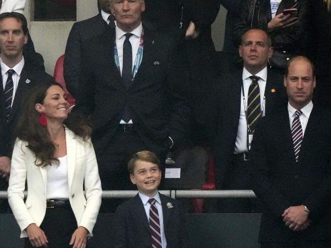 Prince George, centre, with his mother Kate and faher William (far right) at Wembley Stadium on July 11. Picture: Getty Images