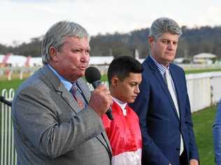 Wayne Patch and Stirling Hinchcliffe during the presentation ceremony of the Ipswich Cup on Saturday. Picture: Rob Williams