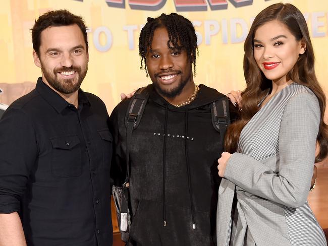 Jake Johnson, Shameik Moore and Hailee Steinfeld. Photo: Getty Images