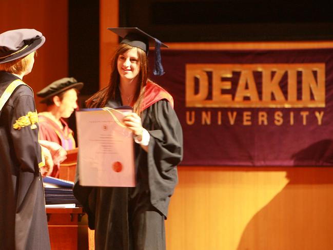 Deakin University Geelong Graduation Ceremonies at Costa Hall at the Geelong Waterfront Campus Lucy Anne Lewis receives her Bachelor of Arts