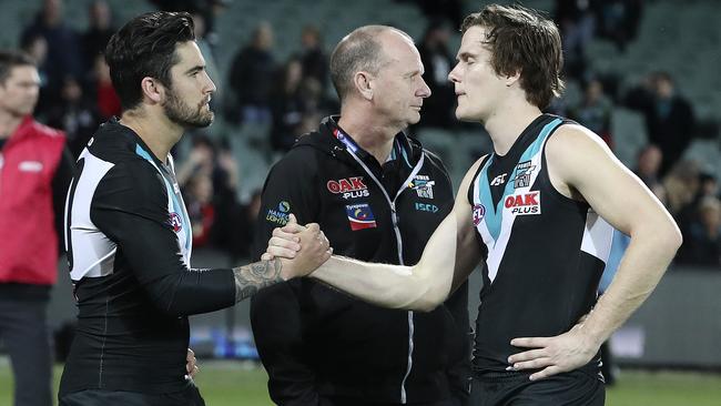 Chad Wingard with Jared Polec and Ken Hinkley. Picture: Sarah Reed