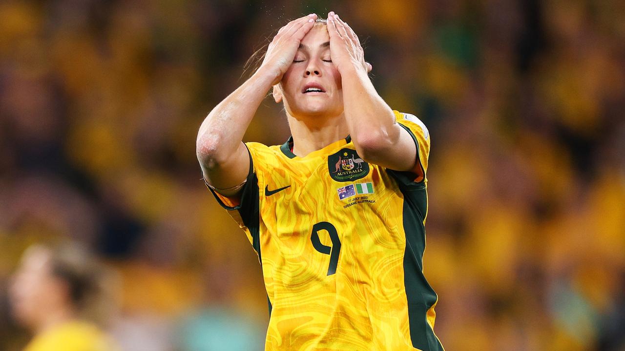 BRISBANE, AUSTRALIA - JULY 27: Caitlin Foord of Australia reacts after a missed chance during the FIFA Women's World Cup Australia &amp; New Zealand 2023 Group B match between Australia and Nigeria at Brisbane Stadium on July 27, 2023 in Brisbane / Meaanjin, Australia. (Photo by Elsa - FIFA/FIFA via Getty Images)