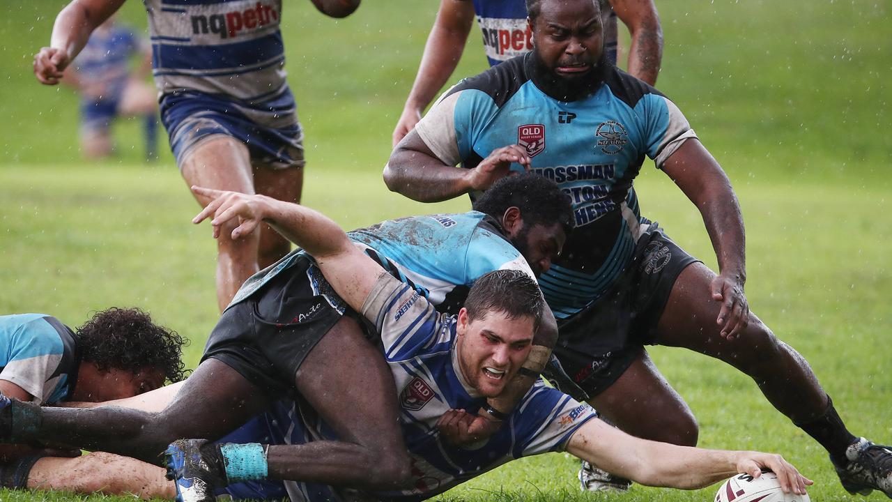 Brothers' Evan Child stretches out to score a try in the Cairns and District Rugby League (CDRL) match between the Cairns Brothers and the Mossman-Port Douglas Sharks, held at Stan Williams Park, Manunda. Picture: Brendan Radke