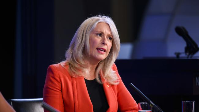 Tracey Spicer addresses the National Press Club in Canberra. Picture: Rohan Thomson