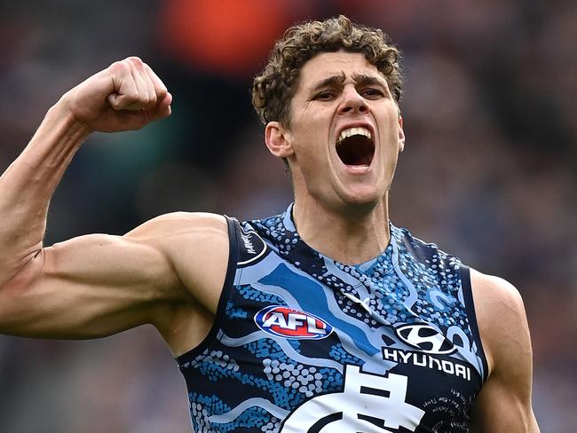 MELBOURNE, AUSTRALIA - MAY 29: Charlie Curnow of the Blues celebrates kicking a goal during the round 11 AFL match between the Collingwood Magpies and the Carlton Blues at Melbourne Cricket Ground on May 29, 2022 in Melbourne, Australia. (Photo by Quinn Rooney/Getty Images)