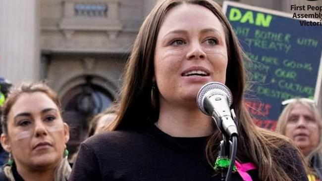 Ms Austin speaks while former federal Greens senator Lidia Thorpe watches on. Picture: Facebook