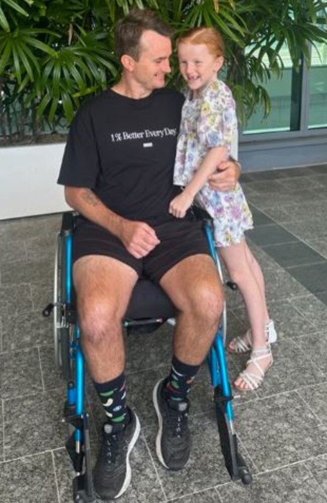 Chris Perry, of Buderim, walks out of hospital following freak push bike accident. Picture – Madeline Grace.