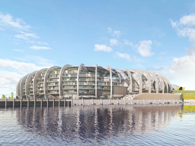 A concept drawing of a new design for a Macquarie Point stadium proposed by the Stadia Precinct Consortia led by Dean Coleman and Paul Lennon. Picture: SolutionsWon