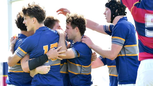 Churchie players celebrate a try GPS First XV rugby between Churchie and Brisbane State High School. Saturday September 10, 2022. Picture, John Gass