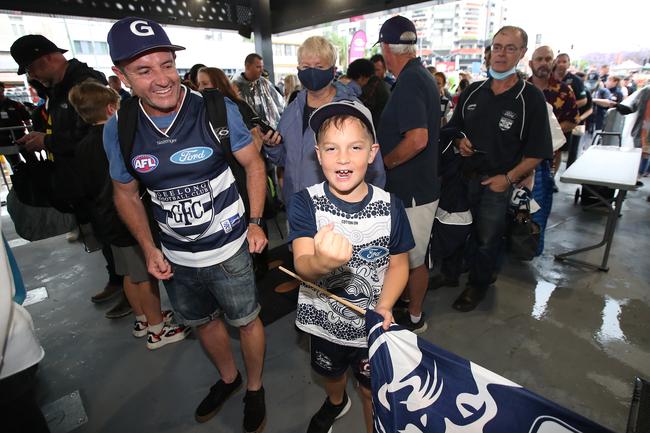 BRISBANE, AUSTRALIA - OCTOBER 24: Cats fans arrive to the gate before the 2020 AFL Grand Final match between the Richmond Tigers and the Geelong Cats at The Gabba on October 24, 2020 in Brisbane, Australia. (Photo by Jono Searle/AFL Photos/via Getty Images)