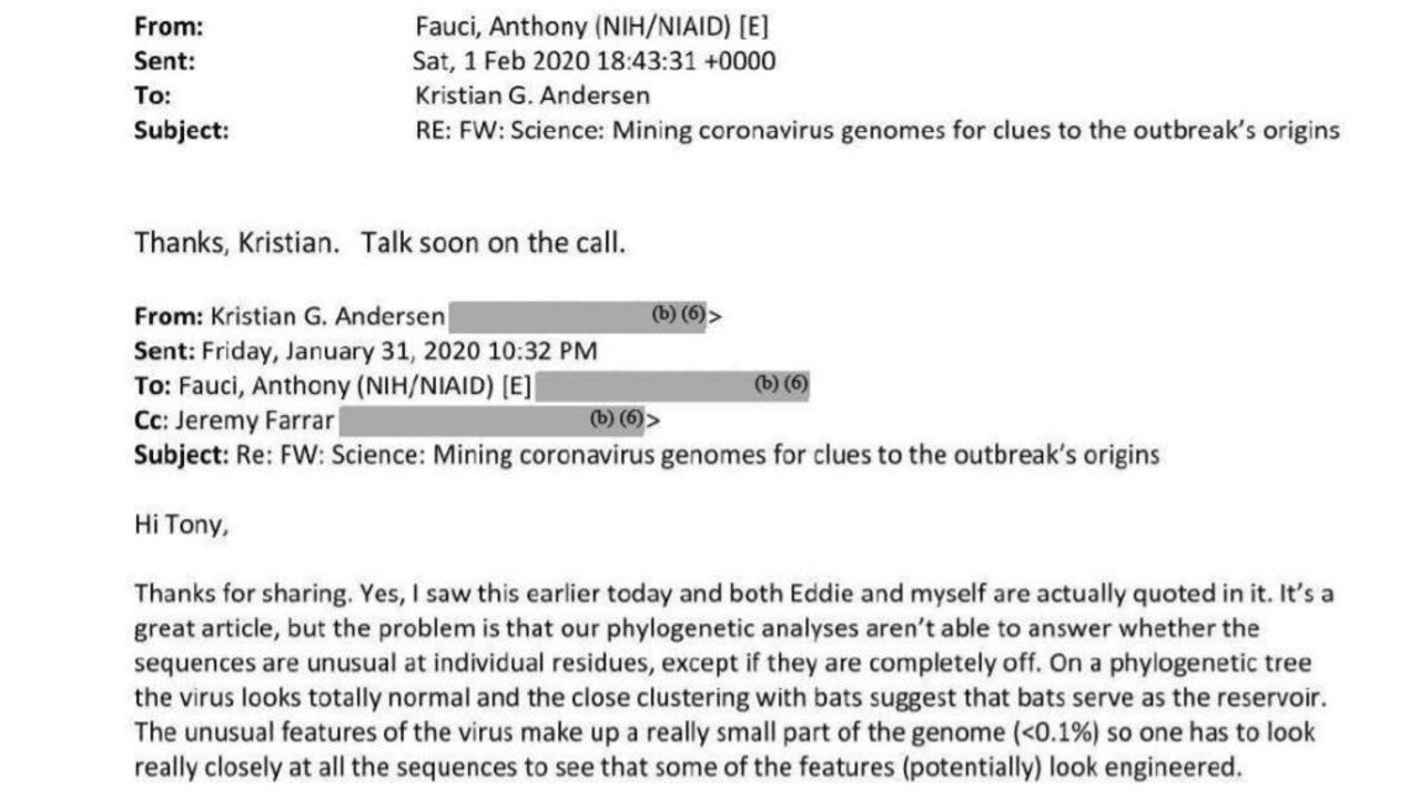 Email from Dr Kristian Andersen to Fauci about the virus and its "unusual features".