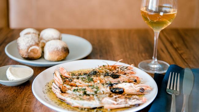 BBQ king prawn, prawn butter, capers, parsley and bread from Restaurant Labart, Burleigh Heads.