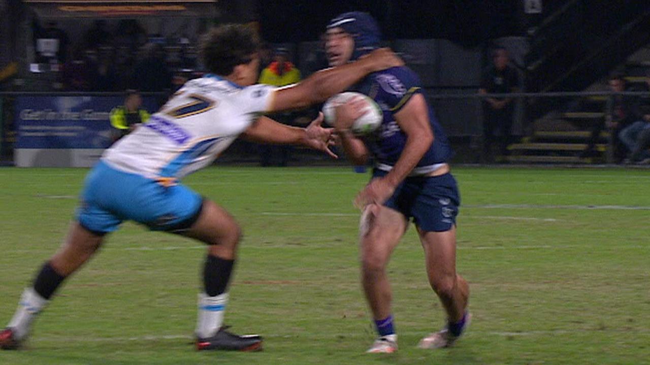 Jahrome Hughes is caught high by Joseph Vuna, who was not penalised.