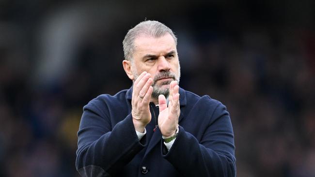 LIVERPOOL, ENGLAND - FEBRUARY 03: Ange Postecoglou, Manager of Tottenham Hotspur, applauds the fans after the Premier League match between Everton FC and Tottenham Hotspur at Goodison Park on February 03, 2024 in Liverpool, England. (Photo by Michael Regan/Getty Images)