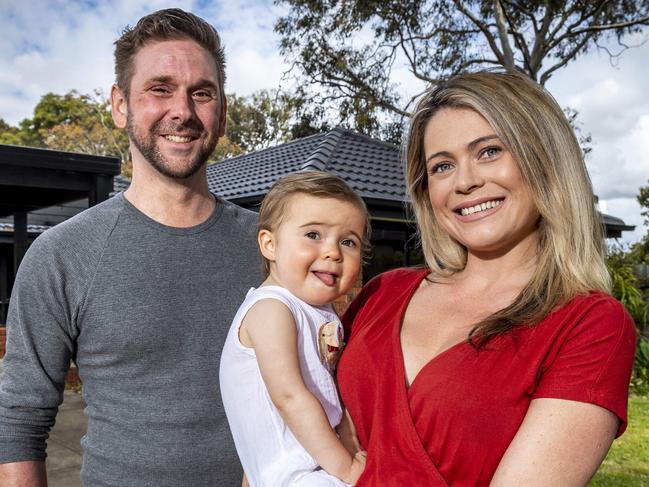 Chloe Hirzel, 32, and her husband Thomas Hirzel, 34, both accessed their superannuation early under the Federal Government's scheme. They are planning on using the money to renovate their home and possibly put towards buying an investment property. Can we please get images of them with their daughter Eva, 18 months. Picture: Jake Nowakowski