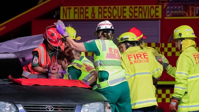 More than 1300 students from around the NT attended AANT’s Street Smart High road safety presentation, featuring a re-enacted crash with actual first responders. Picture: George Yankovich