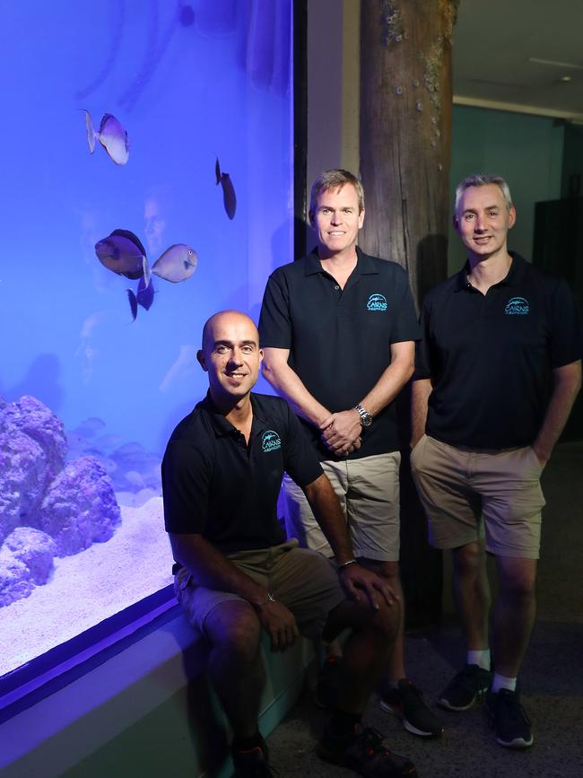 Cairns Aquarium curator Ramon Barbosa, director Andrew Preston and CEO Daniel Leipnik look at the unicorn fish swimming in the Under the Pier habitat.