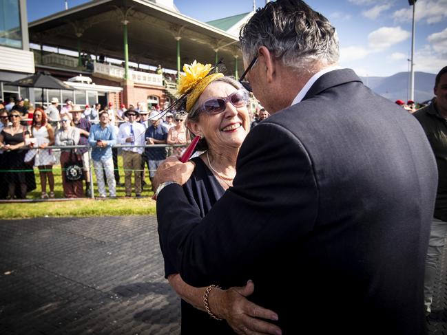 Connections of Hobart Cup winner Toorak Affair Lorraine Wadley celebrates after the race. Picture: LUKE BOWDEN