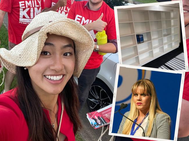 (clockwise from top left) Labor Councillor for Calamvale Emily Kim, empty pigeon holes at the Wynnum ward office and the LNP's Wynnum Councillor Alex Givney.