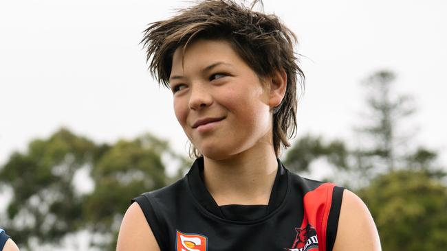 Charlie Stevens, aged 14, at the Mitcham football oval in Adelaide in 2019. Picture: Morgan Sette.